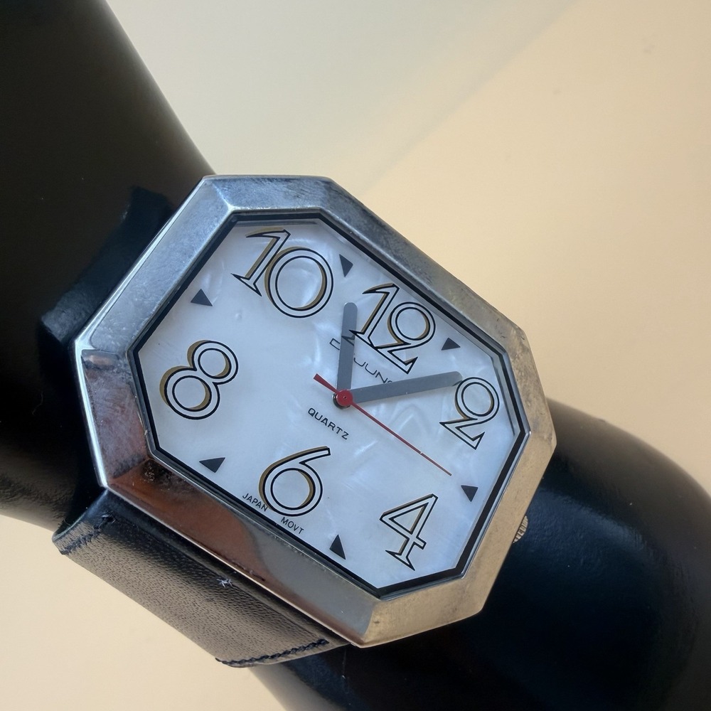 Dejuno Octagonal Stainless Steel Quartz Watch Black Leather Strap Women New Batt